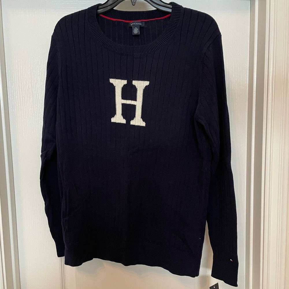 Tommy Hilfiger “H” long sleeve cable knit crew sweater size XLarge in navy. NWT - Picture 5 of 8